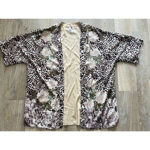 Chicos Kimono Top Womens L/XL Floral Leopard Open Front Short Sleeve Boho Hippie